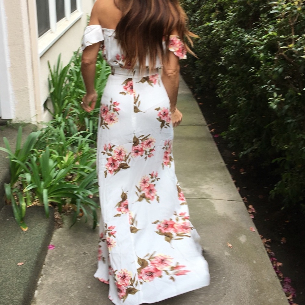 Flynn Skye rayon georgette bohemian off the shoulder romantic maxi dress.